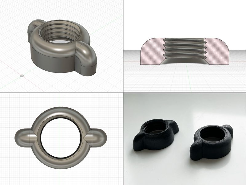 Работа Layer Lab: гайка с внутренней резьбой и двумя боковыми упорами — 3D-модель, разрез и напечатанные детали